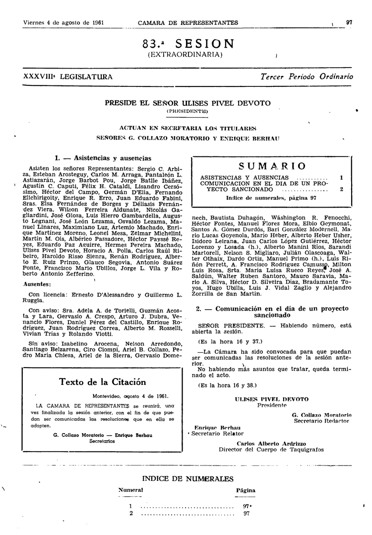 DIARIO DE SESIONES DE LA CAMARA DE REPRESENTANTES del 04/08/1961